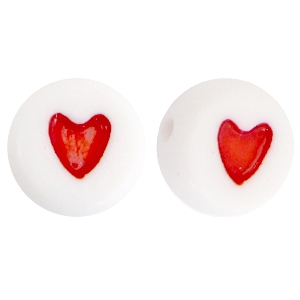 Letterkralen acryl hartjes wit rood, 6 stuks